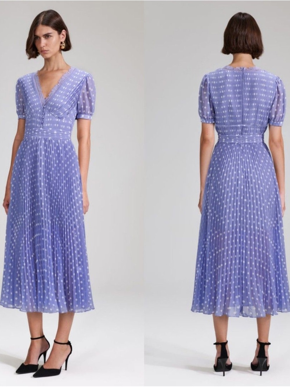Self-Portrait Lilac Polka-Dot Print Pleated Chiffon Midi Dress US 8 - Picture 5 of 16